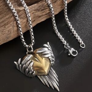 Two-Tone Winged Heart Pendant Necklace in Silver and Gold
